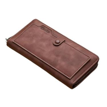 Imagem de Carteira longa moderna para homens, carteira de couro com zíper único com bloqueio RFID e grande capacidade, organizador moderno com vários compartimentos para cartões (marrom escuro)