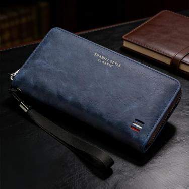 Imagem de Carteira longa de couro casual para homens, carteira com zíper único com vários compartimentos para cartão e bolso para telefone, organizador de bloqueio de RFID de grande capacidade (azul)