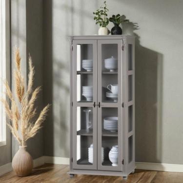 Imagem de Cristaleira Rústica De Madeira 3 Prateleiras Pés Torneados - Cinza Laca