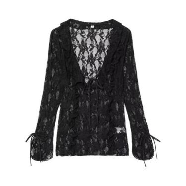 Imagem de Blusa Feminina Casual De Verão Com Manga Longa, Decote Em V, Renda Vaz