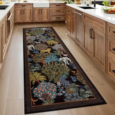 Imagem de GarveeHome Tapete de selva 5 x 15 cm tapete de cozinha antiderrapante lavável para corredores, tapetes de corredor com estampa de animais com suporte de borracha macio de baixa pilha floresta tapete