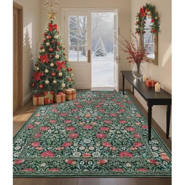 Imagem de GarveeHome Tapetes verdes vintage florais laváveis 12 x 18 cm para sala de estar, boho, botânico, retrô, resistente a manchas, tapete antiderrapante para quarto, berçário, sala de jantar