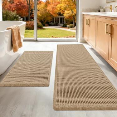 Imagem de Conjunto de tapetes de banheiro de waffle atualizados, 2 peças, bege, super absorvente, antiderrapante, secagem rápida, com borlas, laváveis na máquina, tapetes de banho boho ultra macios para chão
