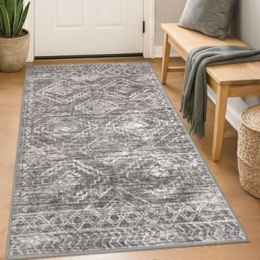 Imagem de KILOCOCO Tapete de entrada Boho 7,5 x 12,5 cm, lavável, antiderrapante, macio para cozinha, sala de estar, sala de jantar, quarto, tapete marroquino geométrico, castanho-acinzentado