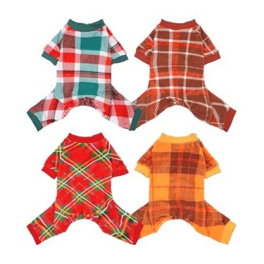 Imagem de PET SHOW Pacote com 4 pijamas para cães pequenos, roupas natalinas para cães médios, meninas, meninos, macio, elástico, macacão xadrez, cachorrinho, gatos, macacão de outono, roupas de Natal com manga