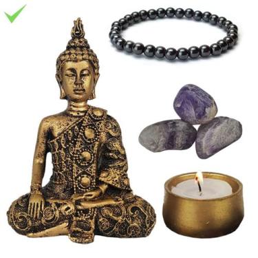 Imagem de Buda hindu orando 15cm ametista pulseira hematita porta vela - Geral