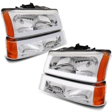 Imagem de KUIPERAUTO Conjunto de farol DRL compatível com Chevrolet Avalanche 2003-2006/Chevrolet Silverado 1500 2500 3500 2000 3500 carcaça cromada/lente transparente/canto âmbar