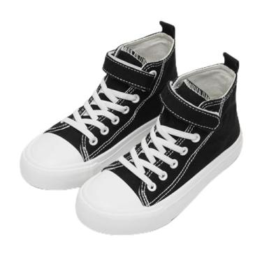 Imagem de Tênis infantil para meninos e meninas, cano alto, casual, de lona, clássico, sem cadarço, com cadarço, confortável, leve, para corrida e caminhada, Preto, 20