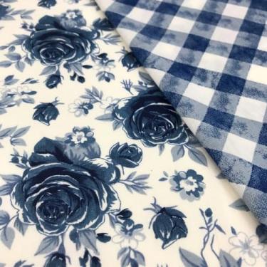 Imagem de Tecido Tricoline Composê Nice Floral Azul e Xadrez 2 Tecidos 0,50x1,50m100% Algodão
