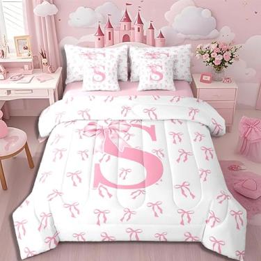 Imagem de Erosebridal Conjunto de edredom de 7 peças, letra P, estilo princesa, King, rosa, com laço feminino, monograma, monograma, conjunto de lençol com edredom