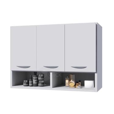 Imagem de Armário de Banheiro Moderno, 3 Portas com Prateleiras, Branco, com Espelho e Organizador de Toalhas (Preto)