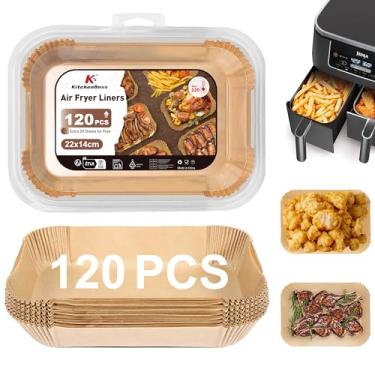 Imagem de KitchenBoss 120 peças de forros de fritadeira a ar: 22 x 14 cm [22 x 14 cm] Forro retangular de airfryer, antiaderente, à prova de graxa, papel de pergaminho descartável, papel de grau alimentício