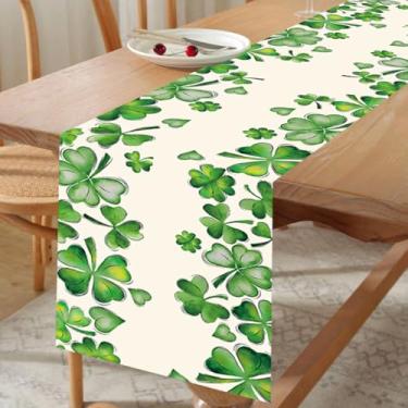 Imagem de Caminho de mesa de dia de São Patrício, duas fileiras de caminho de mesa com padrão de trevo verde, trevo de férias de primavera, decoração de jantar para decoração de casa de fazenda interna e