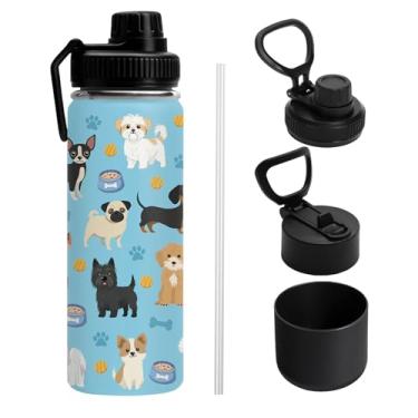 Imagem de Garrafa de água de cachorro para filho, copo isolado de aço inoxidável para casa com 2 tampas e alça, bota de silicone antiderrapante, garrafa reutilizável à prova de vazamento de 510 g para esportes