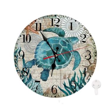 Imagem de Azppsad Relógio de parede redondo silencioso náutico sem tique-taque, vintage, azul oceano, tartaruga, decoração doméstica, operado por bateria, para sala de estar, cozinha, quarto, banheiro, 25 cm