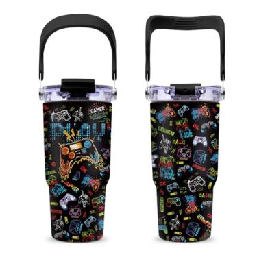 Imagem de CGMIBAS Copos de jogo de 590 ml - Copo com cabo de palha, à prova de vazamento, livre de BPA, isolamento de parede dupla, copo de presente para meninos, filhos, homens, copo de café isolado, copo de