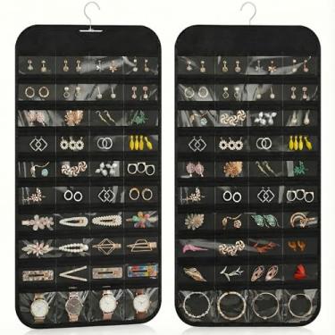 Imagem de Organizador de joias pendurado dupla face com 80 bolsos transparentes, organizador de colar pendurado para armário e parede, organizador de joias com cabide, organizador de joias sobre a porta, bolsa