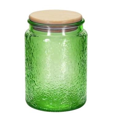 Imagem de 1 pote de vidro vintage estilo marca martelo com tampa hermética de bambu, recipiente de armazenamento de cozinha para açúcar, café, chá, biscoitos, sal de banho - Pote decorativo para despensa e