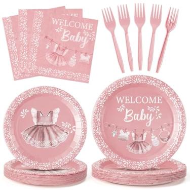 Imagem de G1ngtar 96 peças rosa Platos de Barro Mexicanos chá de bebê pratos de festa suprimentos bem-vindo bebê Cielito Lindo terracota decorações descartáveis pratos de papel guardanapos garfos para