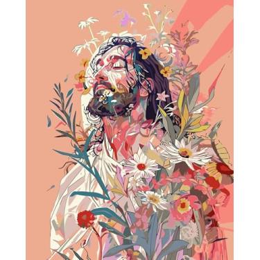 Imagem de CHWGLFGG Kit de pintura por números para adultos iniciantes, Jesus e flores, kits de pintura por números em tela, pintura fácil de acrílico DIY por números para decoração de parede de casa 40 x 50 cm