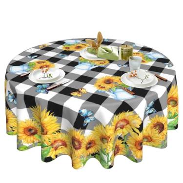 Imagem de Oaxscug Toalha de mesa redonda de girassol 152 cm borboleta floral primavera preto e branco xadrez buffalo, toalha de mesa de jantar, decoração de mesa de jantar
