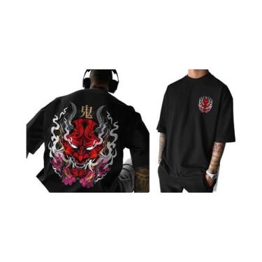 Imagem de Camiseta Gráfica Com Máscara De Demônio Oni Vermelha E Preta, Inspirad