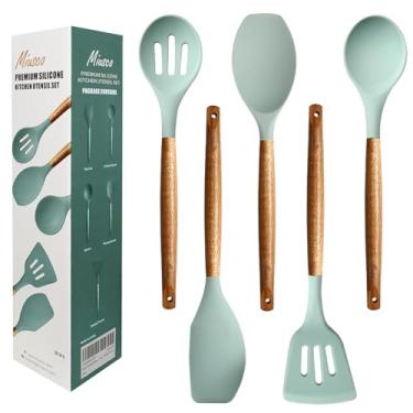 Imagem de Conjunto de utensílios de cozinha, conjunto de utensílios de cozinha de silicone, conjunto de espátula de silicone antiaderente com cabo de madeira dura de acácia natural, 5 peças, utensílios de