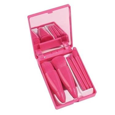 Imagem de Conjunto de 5 pincéis de maquiagem, pequeno e completo, kit de pincéis cosméticos, estojo e espelho, função portátil, pincel cosmético (vermelho escuro)