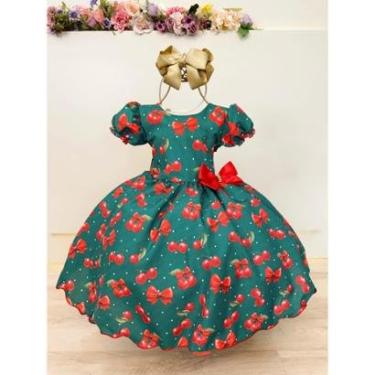 Imagem de Vestido Infantil Verde Estampa Cereja Broche Daminhas Festas-Feminino