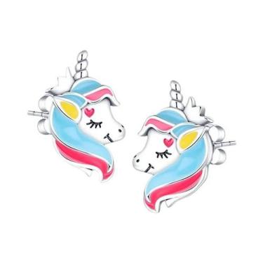 Imagem de Brincos De Prata 925 Unicórnio Arco-Íris Com Pedra Preciosa Brilhante 