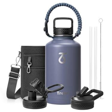 Imagem de Trebo Garrafa de água de 1,8 g com alça de paracord, jarro de água isolado de aço inoxidável de parede dupla grande de meio galão com alça de suporte e tampas de bico de palha, à prova de vazamento