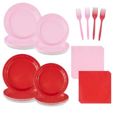Imagem de 96 peças de decoração de dia dos namorados, pratos e guardanapos rosa e vermelho, descartáveis em papel rosa e vermelho, para dia dos namorados, aniversário, dia das mães, casamento, chá de bebê