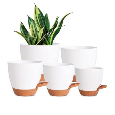Imagem de 5 PCS contendo de tamanho diferente com orifícios de revestimento Pires, moderno vaso de auto-irrigação para plantas internas ao ar livre para escritório jardim equipamento (Branco)