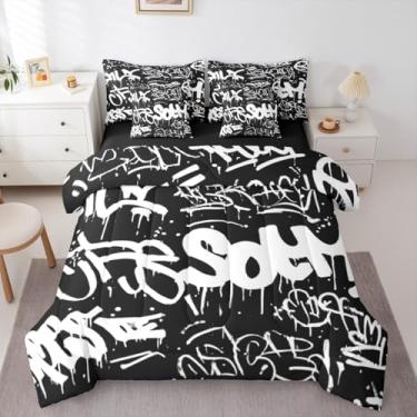Imagem de Erosebridal Conjunto de edredom Queen de grafite preto e branco | Minimalistas Abstarct Cama geométrica em uma bolsa para crianças, adolescentes e adultos, conjunto de cama de 7 peças, contemporâneo