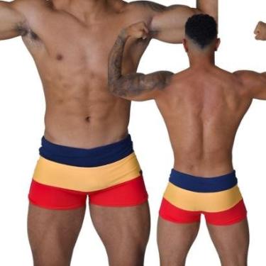 Imagem de Sunga Adulto Boxer Tricolor Azul Marinho Amarelo e Vermelho Proteção UV-Masculino
