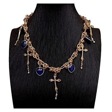 Imagem de Colar com pingente de crucifixo em forma de coração e lápis-lazúli azul de 16 mm