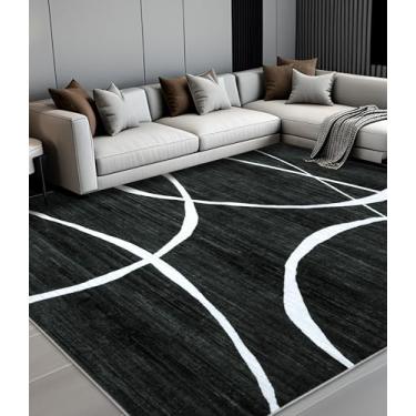 Imagem de YIHOUSE Tapete lavável 2,5 x 25,4 m - Tapete para sala de estar, quarto, grande, abstrato, preto e branco, antiderrapante, ultrafino, decoração de casa, curva preta, 2,4 x 3 m