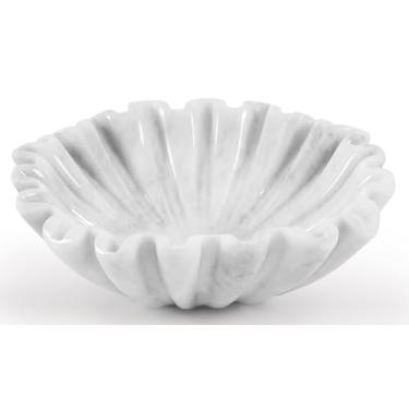 Imagem de SPESHSTONES Tigela decorativa de mármore com pedra branca de 20 cm para balcão de cozinha, centros de mesa e presentes, tigela grande com babados, tigelas recortadas estéticas para detalhes de