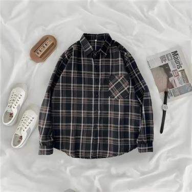 Imagem de Camisa Xadrez Oversized Feminina De Manga Longa Estilo Vintage Streetw