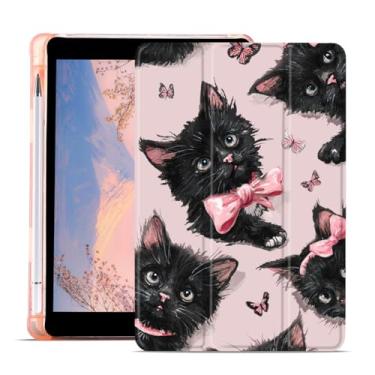 Imagem de AdorableWhimsy Capa de animal fofo para iPad 9ª/7ª/8ª geração (2021/2020/2019 10,2 polegadas), capa protetora estética gatinho com três dobras, suporte de couro rosa, parte traseira macia com suporte