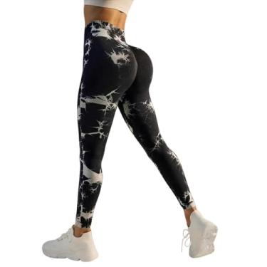 Imagem de tincolia Leggings femininas tie dye, cintura alta, levanta bumbum, controle de barriga, push up, sem costura, calças de ioga para treino - Preto-P