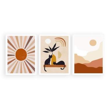 Imagem de Kit 3 Quadros Boho Gatos Sol E Lua 24X18Cm - Com Vidro