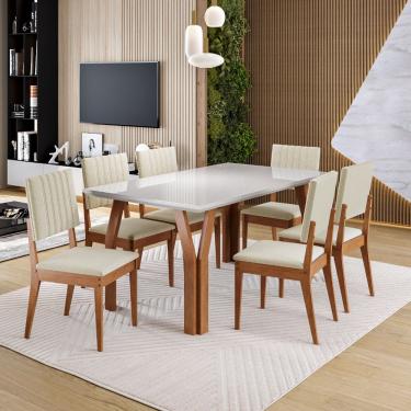 Imagem de Conjunto Sala de Jantar Mesa Atlas Tampo e Vidro 6 Cadeiras Milão Madetal - Mel/Nude/Bege