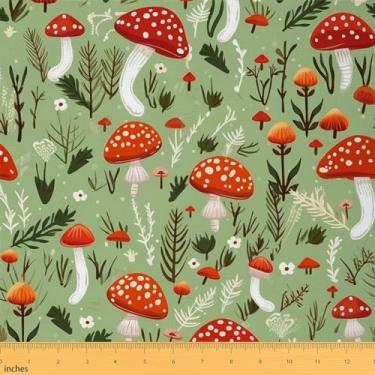 Imagem de Tecido de cogumelo aquarela por jarda, desenho animado plantas da selva flores tecido decorativo, suprimentos de estofamento estilo casa de fazenda rústico, folhas selvagens, artesanato faça você