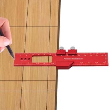 Imagem de Régua deslizante para marcenaria de 15 cm, réguas de bolso ajustáveis de liga de alumínio com escalas métricas e duplas | Escrita tipo T e bordas quadradas para marcação, localização, medição