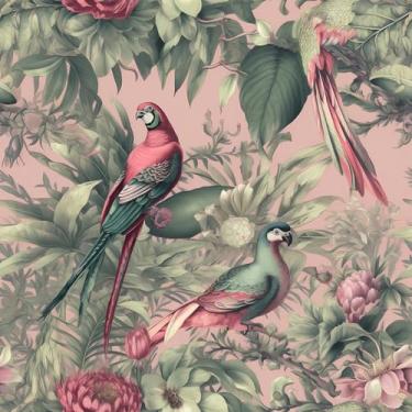 Imagem de VEELIKE Papel de parede tropical rosa exótico descasque e cole papel de parede de pássaro papagaio da selva para quarto lavabo 48 cm x 354 cm papel de contato autoadesivo mural de parede floral rosa