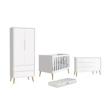 Imagem de Dormitório Theo 2 Portas, Cômoda Com Porta Branco Com Pés Madeira Natural E Colchão D18 Reller Móveis Branco