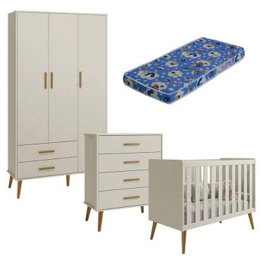 Imagem de Quarto De Bebê Isis 3 Portas Com Gaveteiro Areia Acetinado E Colchão Ortobom - Reller