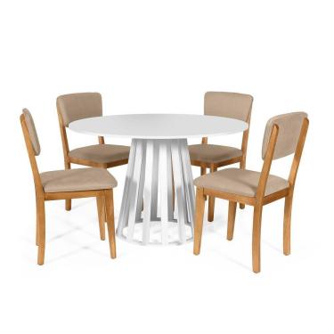 Imagem de Mesa De Jantar Redonda Gabi Branca Com 4 Cadeiras Estofadas Ella Bege