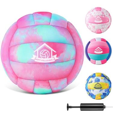 Imagem de Bola de vôlei de interior macia, capa acolchoada para crianças e jovens, vôlei de interior silencioso com bomba para jogos e prática em casa, bola leve oficial tamanho 5 para iniciantes, rosa tie-dye